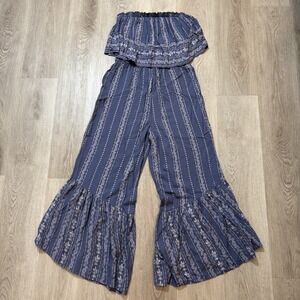 Japna Jumpsuit Size L Striped Blue/White Strapless Trendy Wide‎ Leg Palazzo
